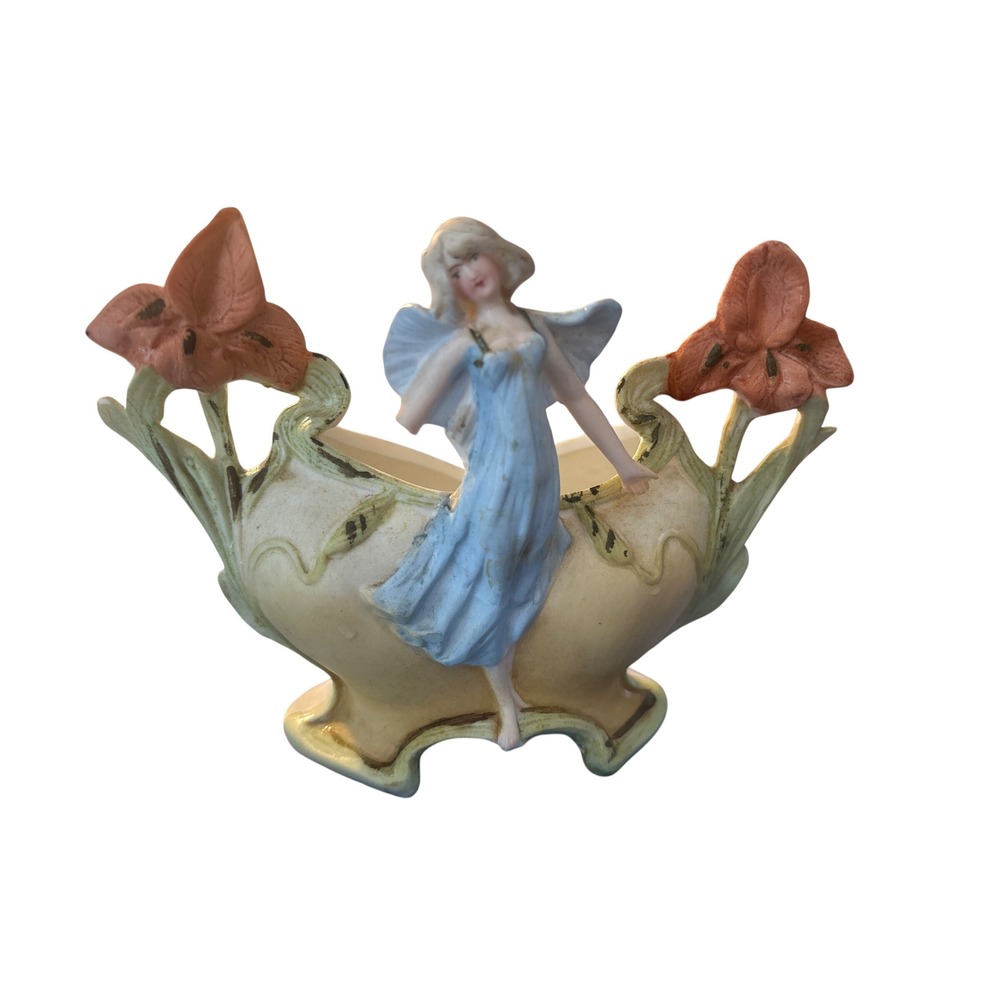 Antique Art Nouveau Fairy Iris Porcelain Planter Figurine Cachepot Blue Orange